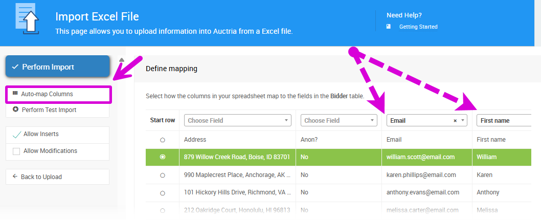 Auto-map Columns automatically populates spreadsheet columns