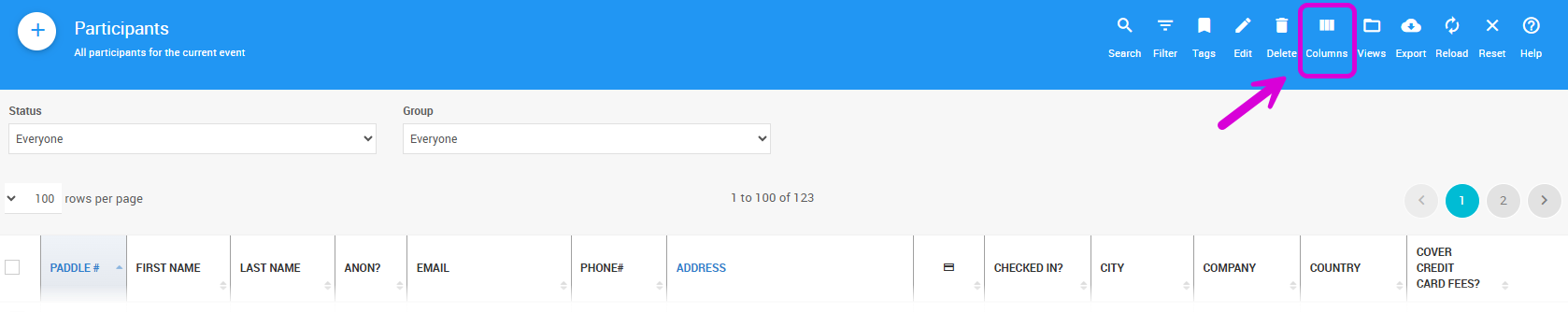 Columns button on the All Participants list
