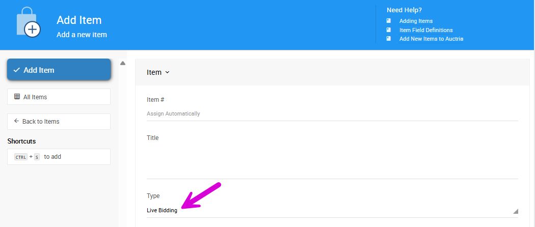 Add New Item Live Bidding Type