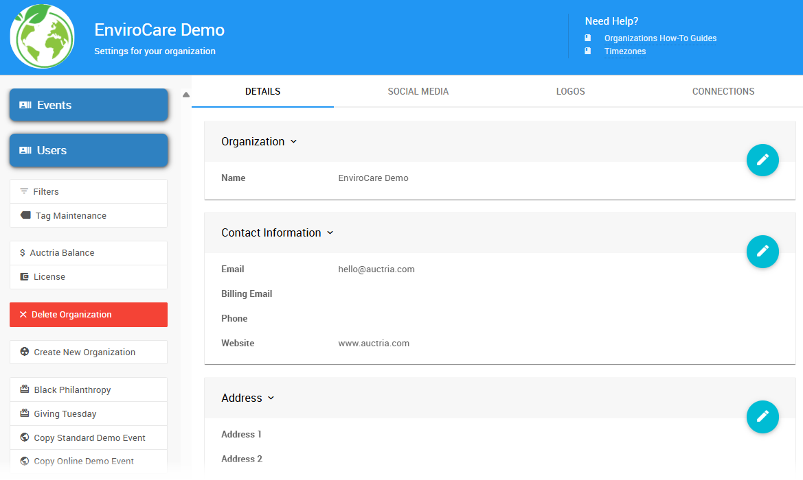 Organization Page in the Auctria Dashboard