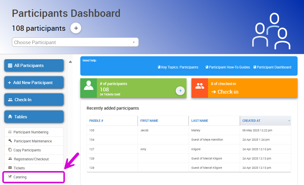 Participants Dashboard Catering Button