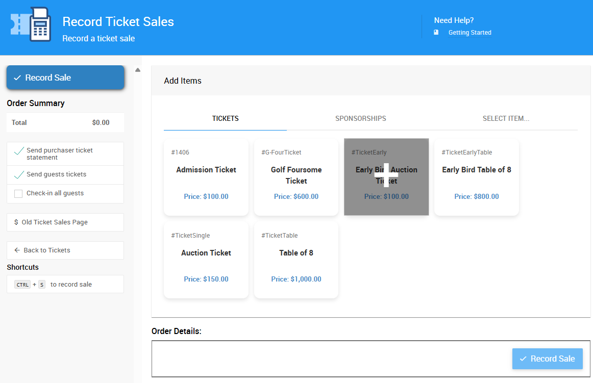 Record Ticket Sales page in Auctria