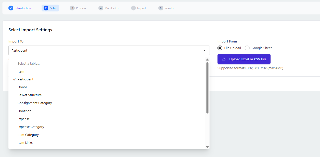 Select Import Settings Page