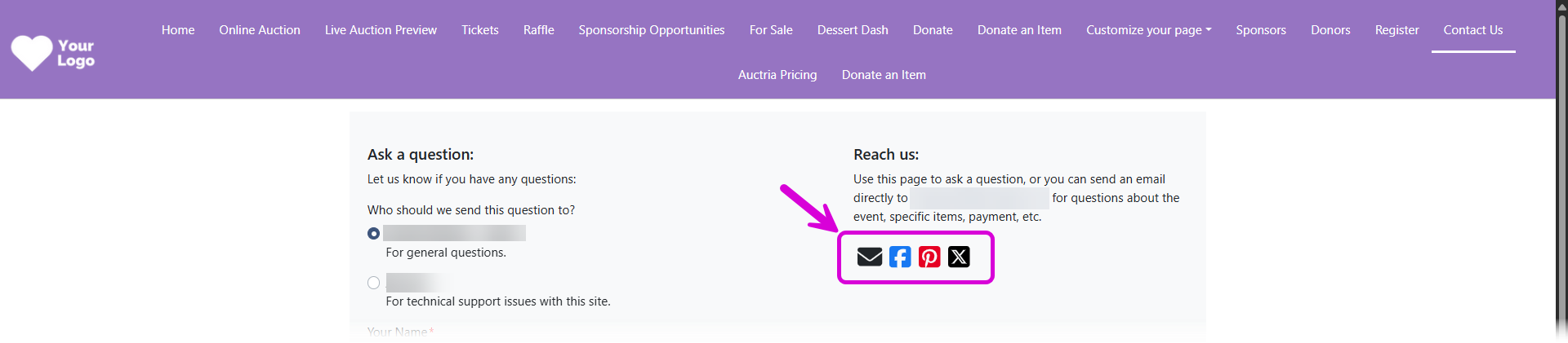 Social Media Links on the Event Website Contact page