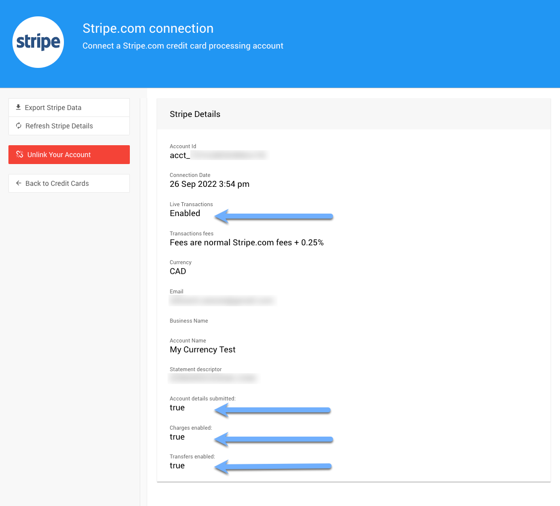 Stripe.com Connection details panel showing account status