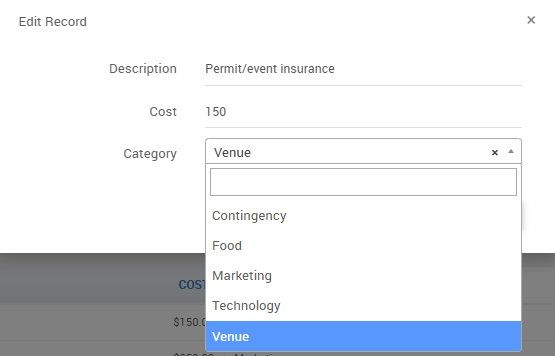 Category dropdown field in the expense edit form