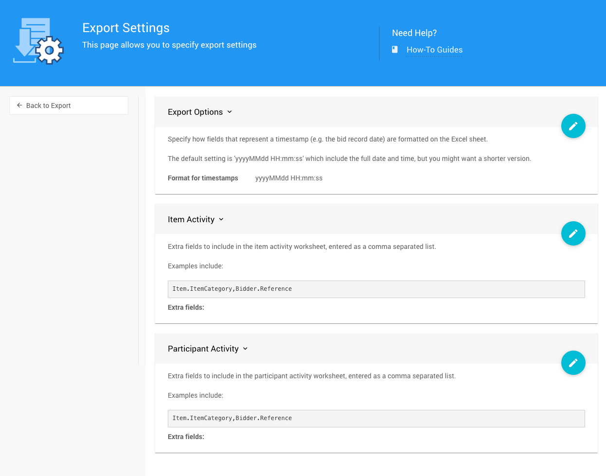 Export Settings page view