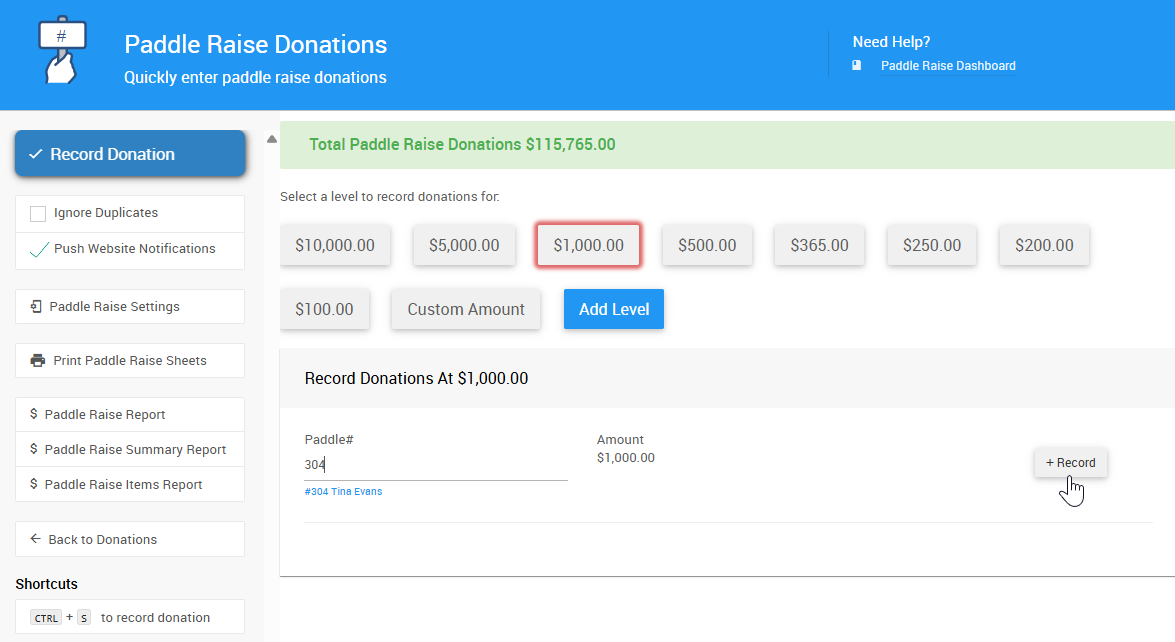 Recording a paddle raise donation by clicking a level block