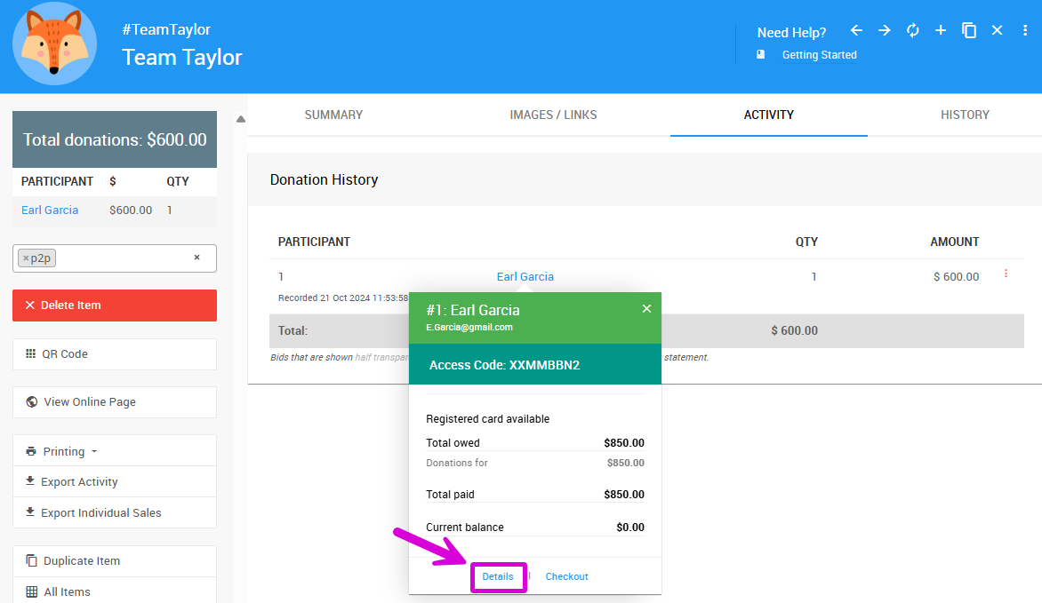 Participant hover card with a Details link