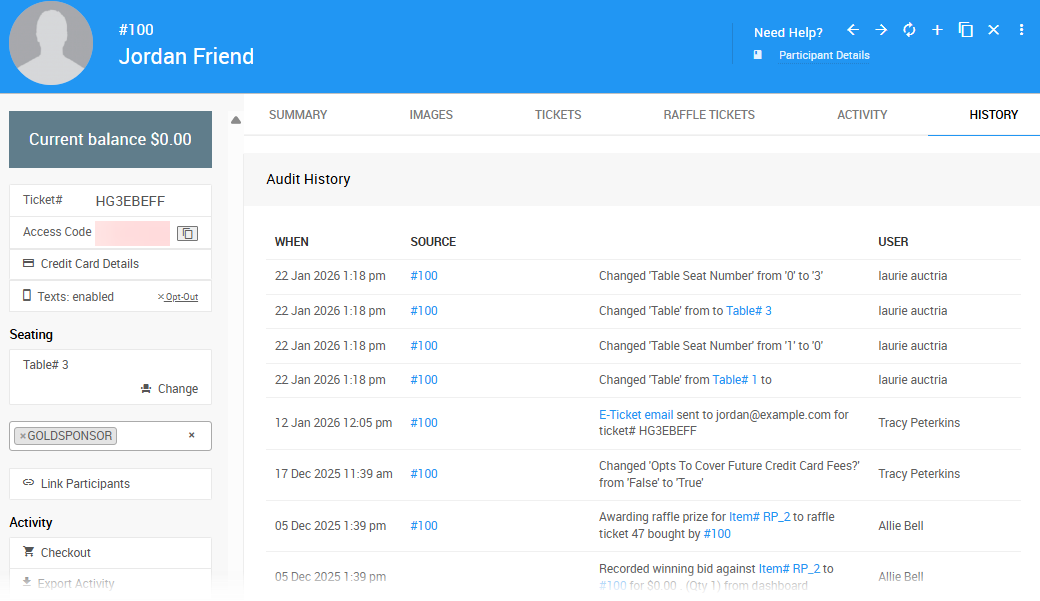 History tab showing the participant's audit trail