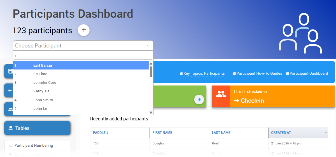 Choose Participant search box on the Participants Dashboard