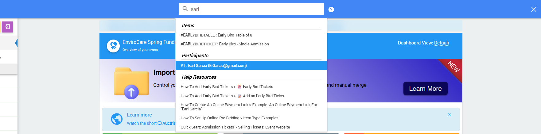 Search results showing matching participants
