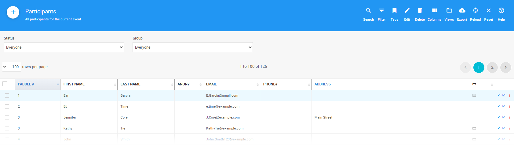 Participants List with filter criteria applied