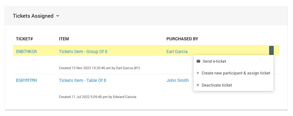 Tickets Assigned section with action links