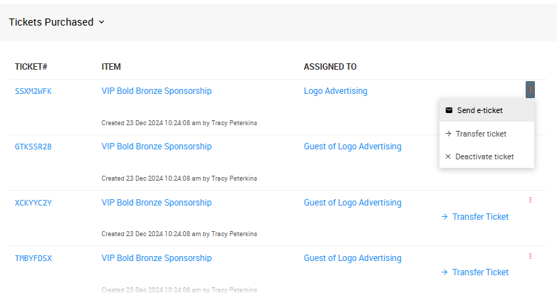 Tickets Purchased section with action links