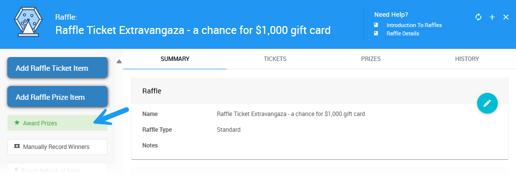 Award Prizes button on the Raffle page