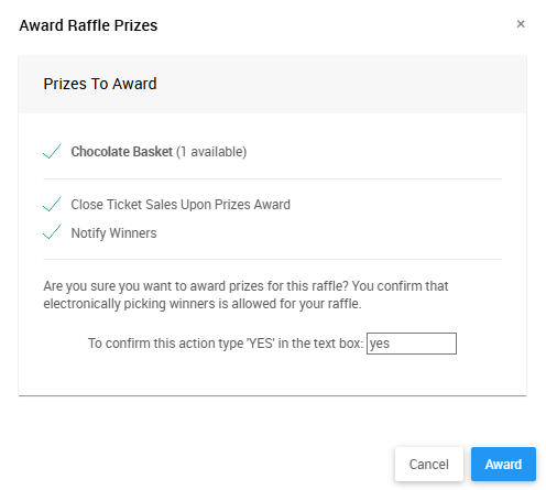 Awarding raffle prizes with confirmation text box