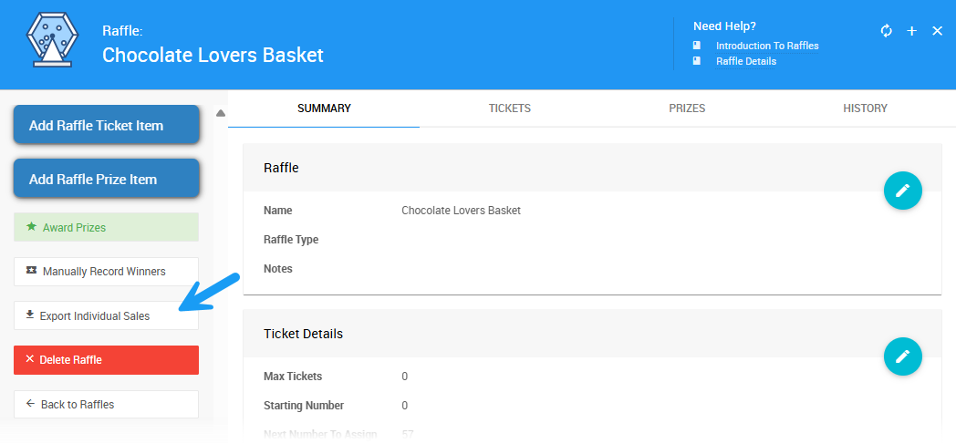 Export Individual Sales button on the Raffle Details page