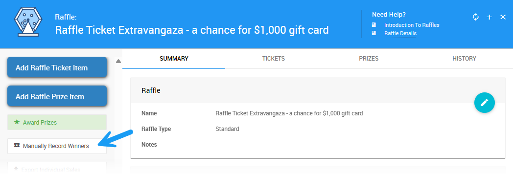 Manually Record Winners button on the Raffles dashboard