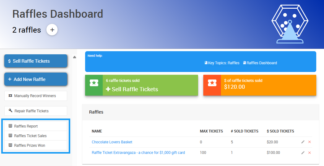 Raffles reports available from the Raffles dashboard