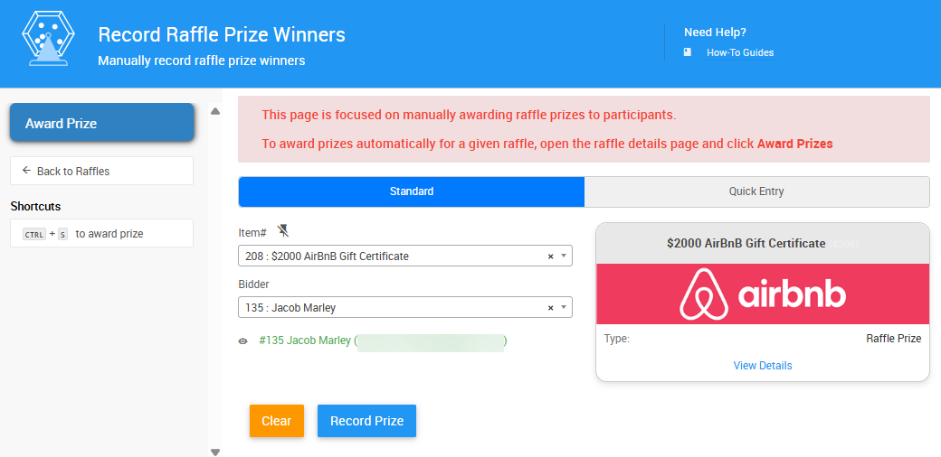 Recording a raffle prize winner