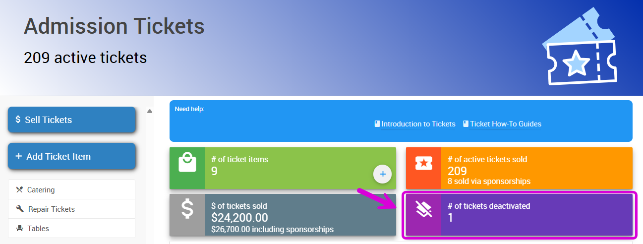 # of tickets deactivated block on the Tickets dashboard
