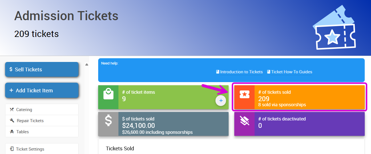 # of tickets sold block on the Tickets dashboard