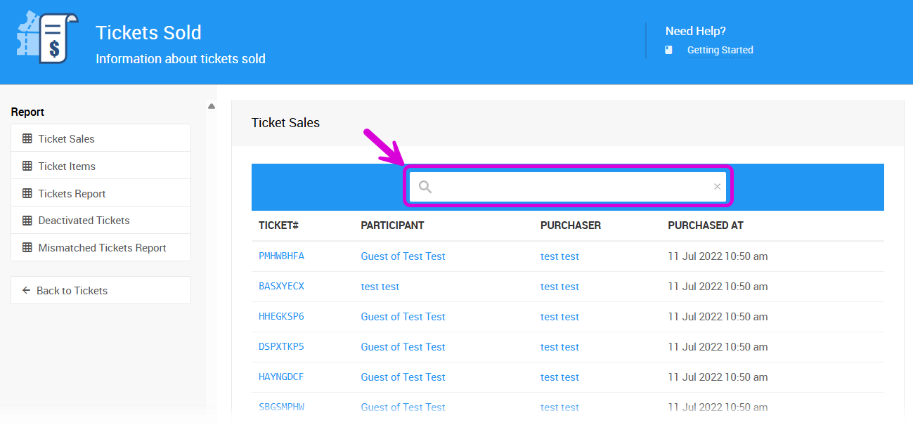 List of sold tickets with a search bar