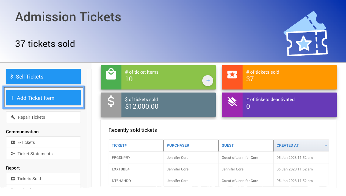 Add Ticket Item button on the Tickets dashboard