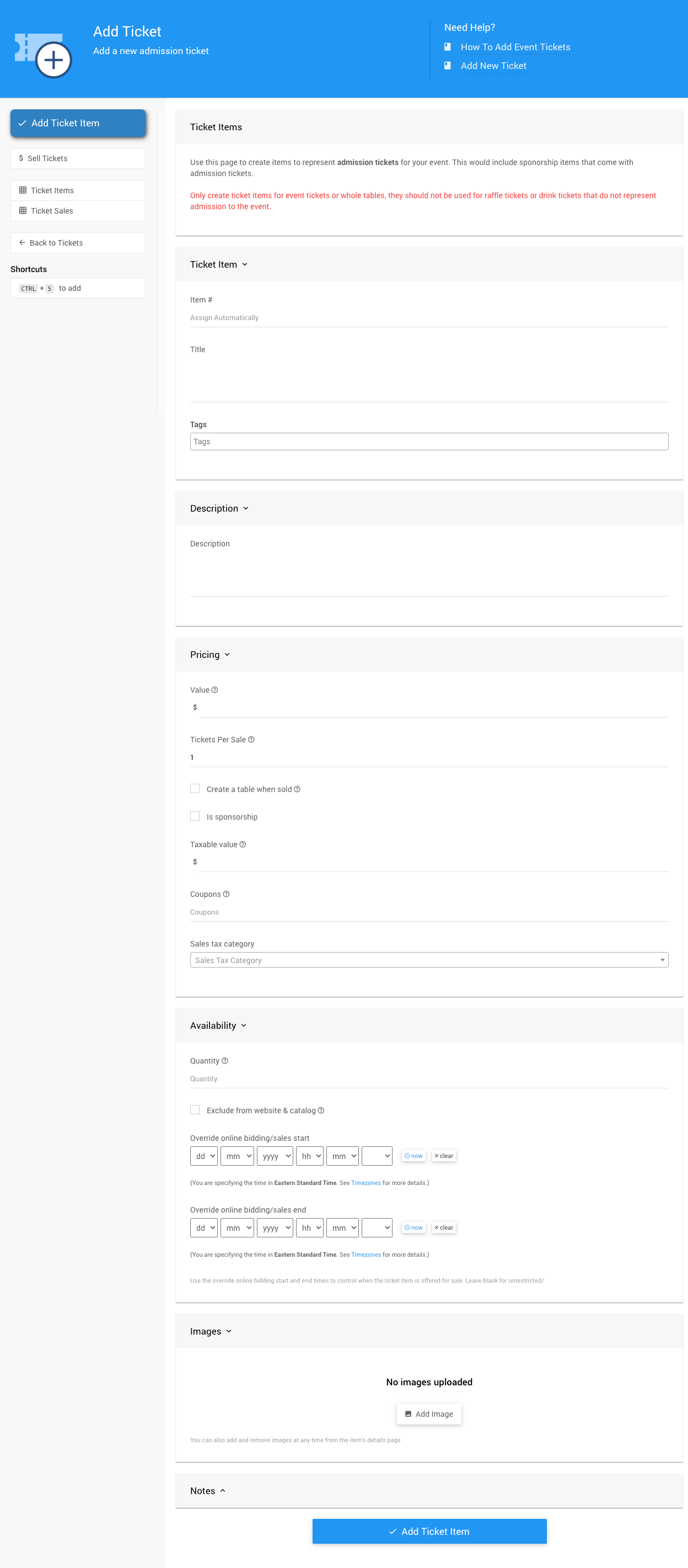 Add Ticket page with ticket detail fields