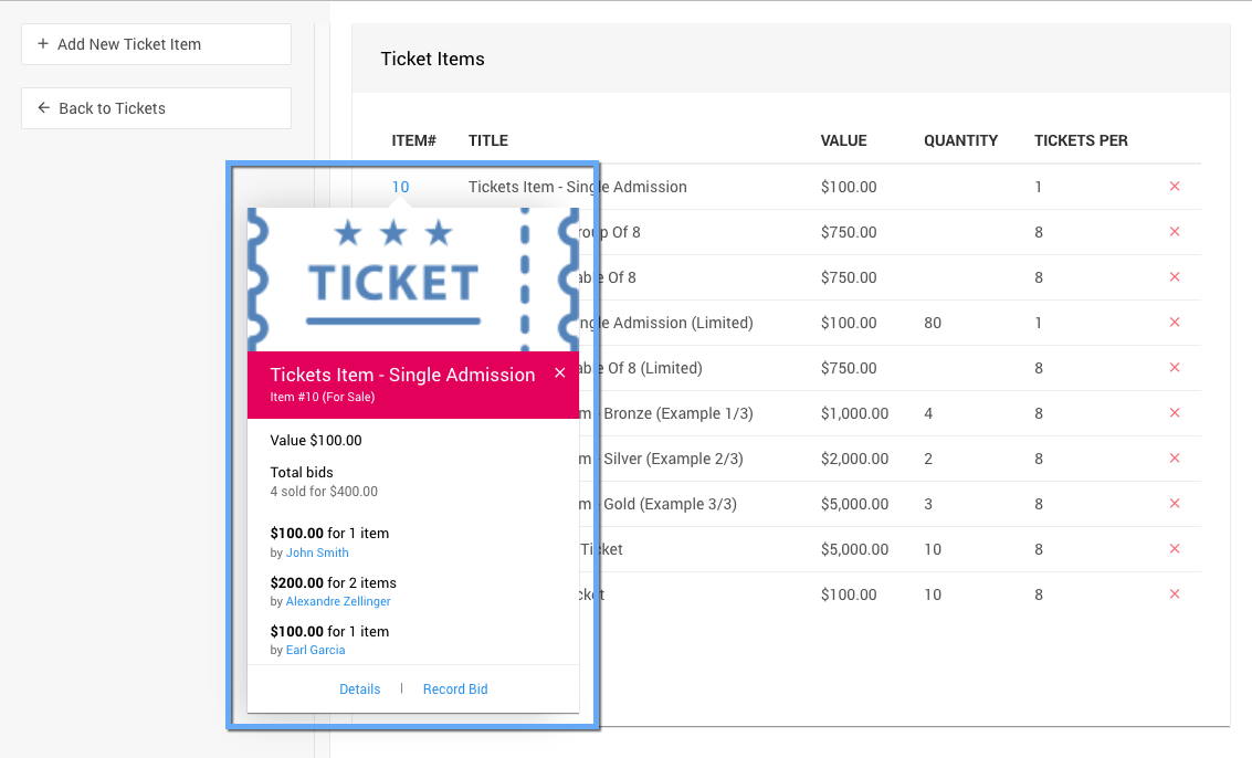 Details link shown when hovering over an item number