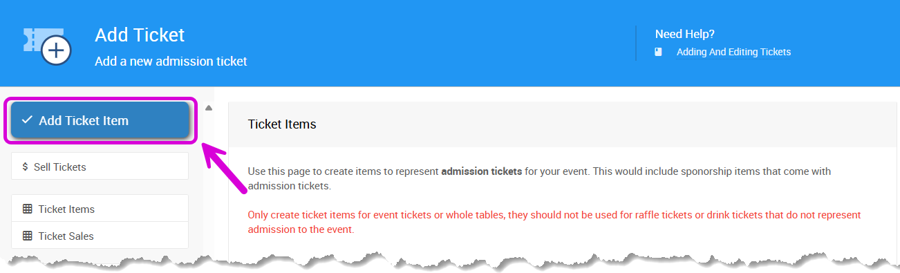 Add Ticket Item button on the Add Ticket page