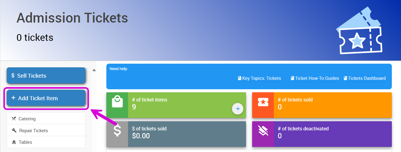 Add Ticket Item button on the Tickets page