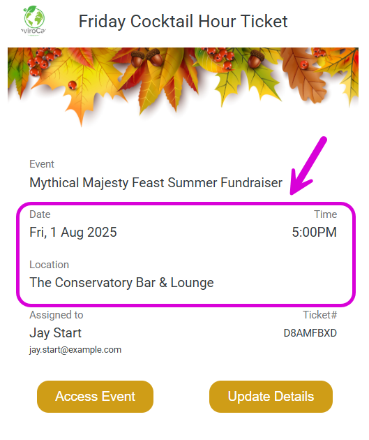 e-Ticket displaying the scheduled event's date, time, and location
