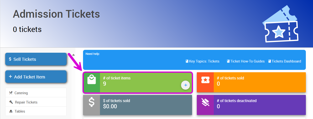 List of ticket items on the Tickets page