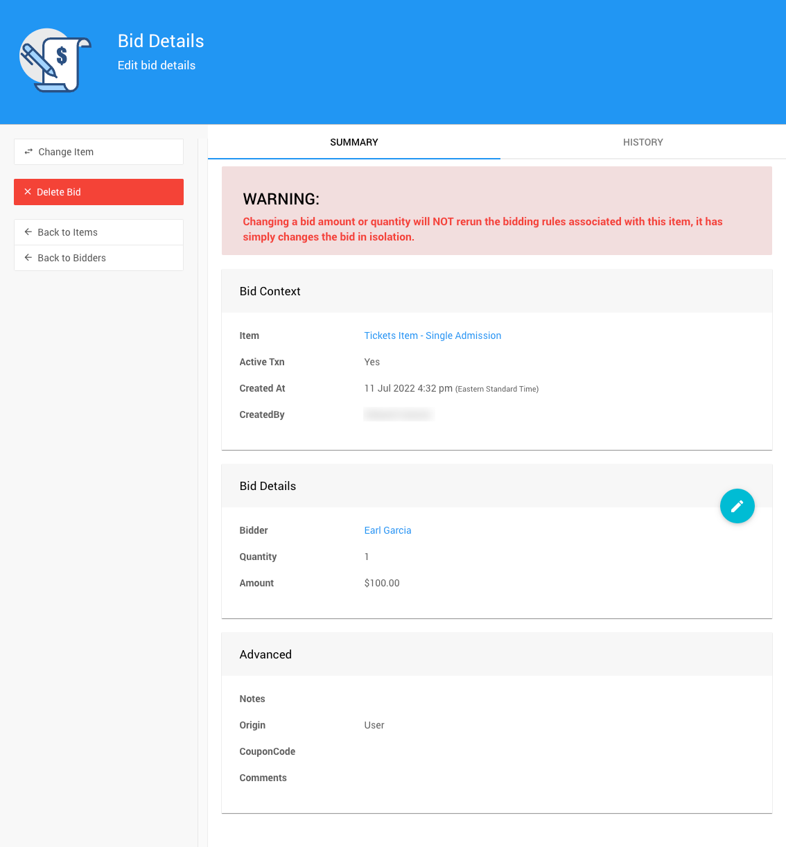 Bid Details dashboard with Change Item in the left sidebar