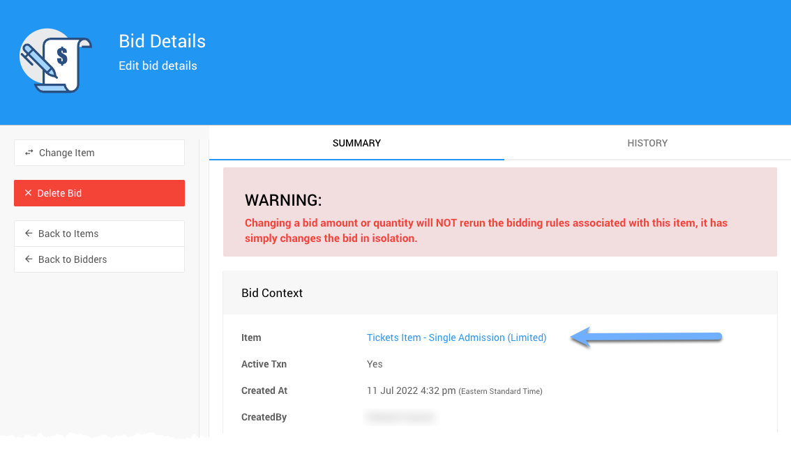 Bid Details page showing the updated ticket item