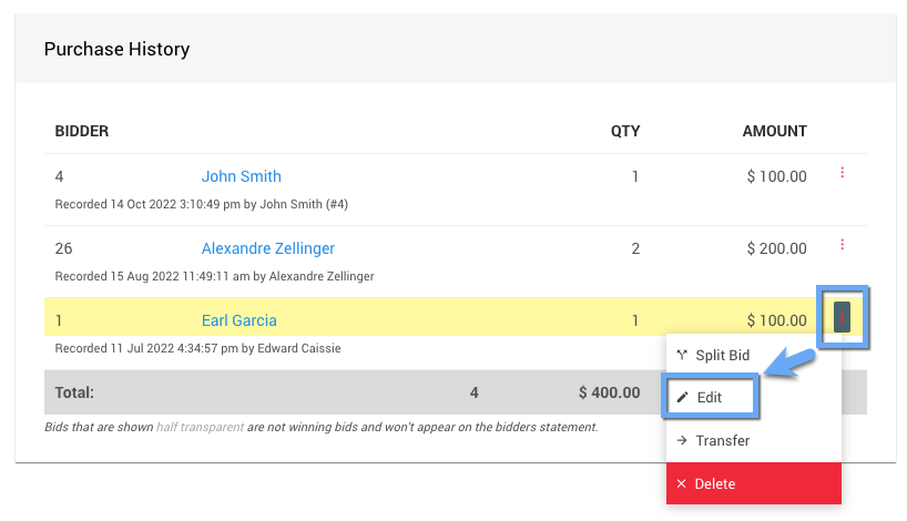 Options menu on a transaction row with the Edit option shown