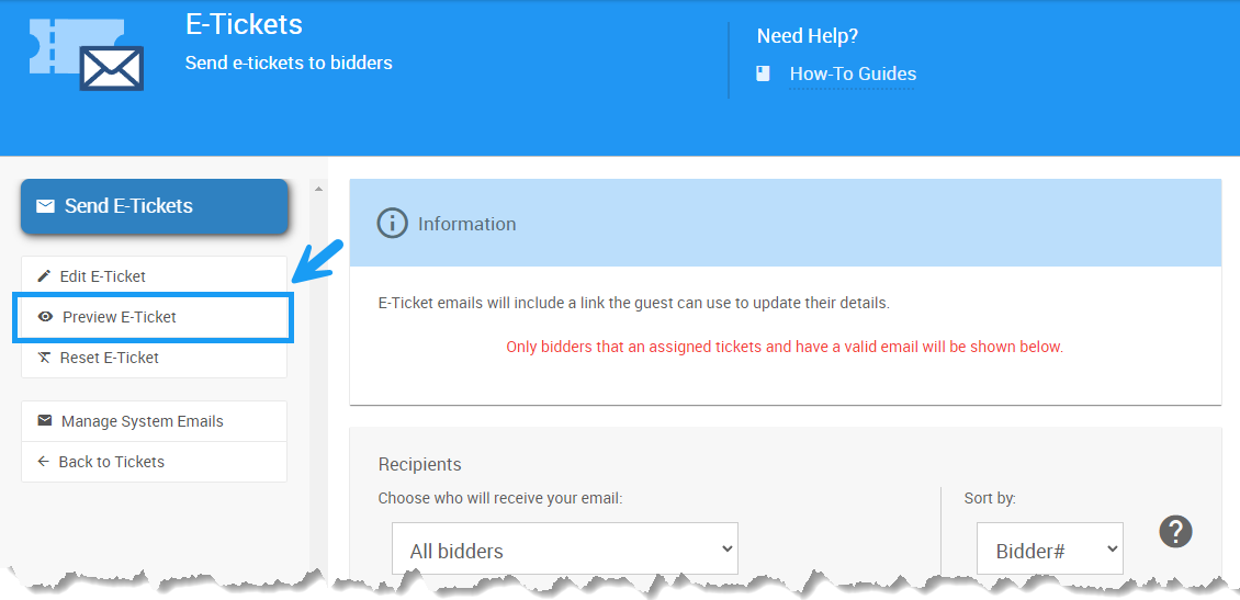 E-Ticket Preview button on the E-Tickets dashboard