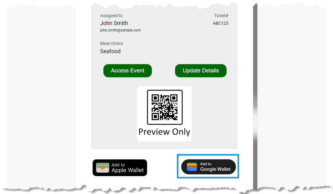 Add to Google Wallet button on the E-Ticket
