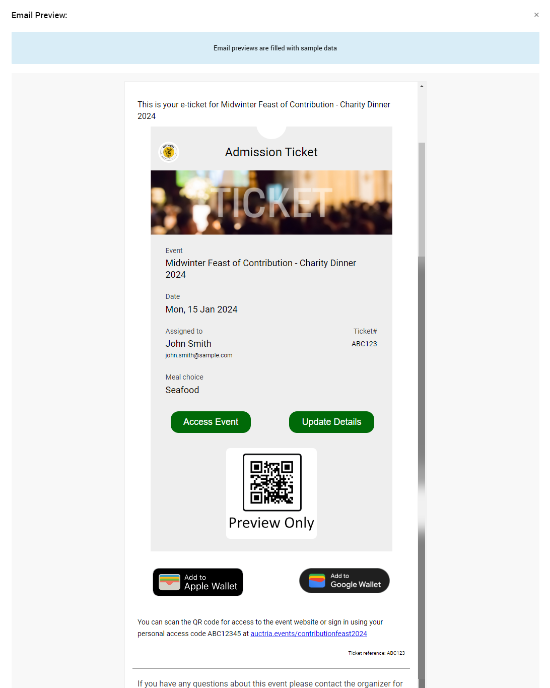 Email Preview of a sample E-Ticket