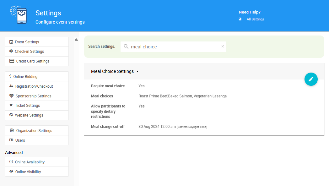 Meal Choice Settings found via the Settings search bar