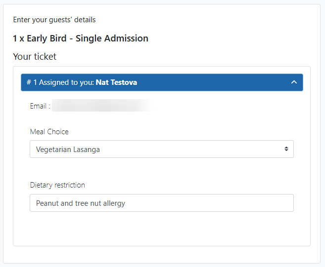 Meal Choice and Dietary Restriction fields shown during guest checkout