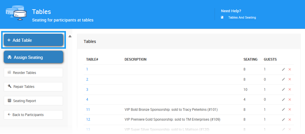 Add Table page with table configuration fields