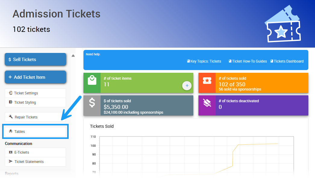 Tables button in the left sidebar under Tickets