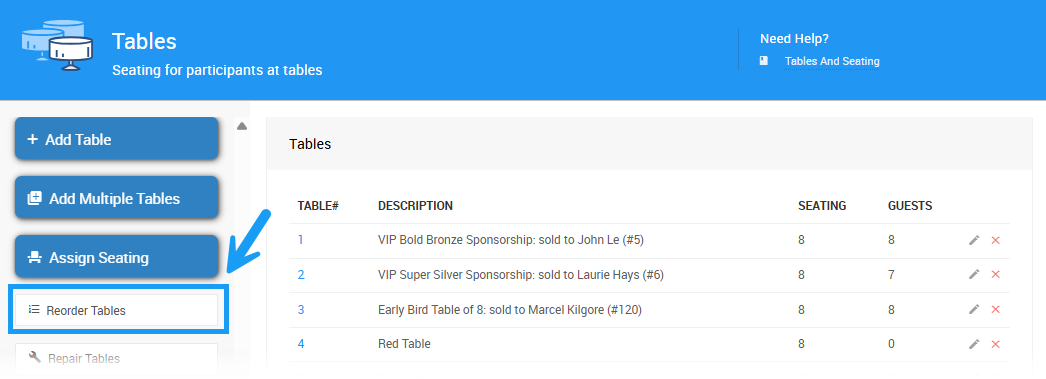 Table Ordering view for reordering tables