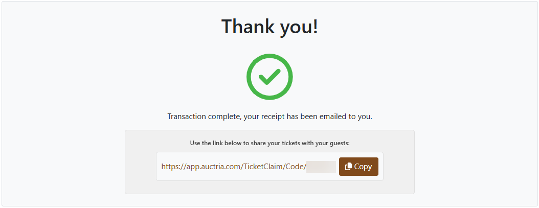 Ticket purchase confirmation page showing the claim link