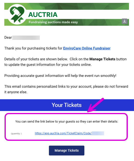 Ticket statement email showing the claim link