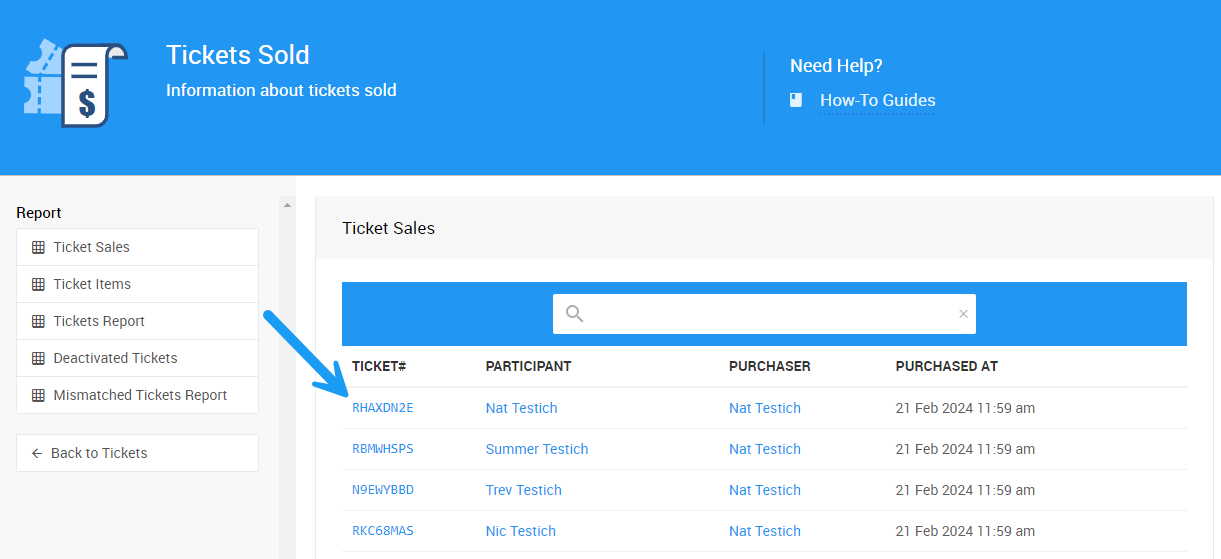 Tickets Sold report entries