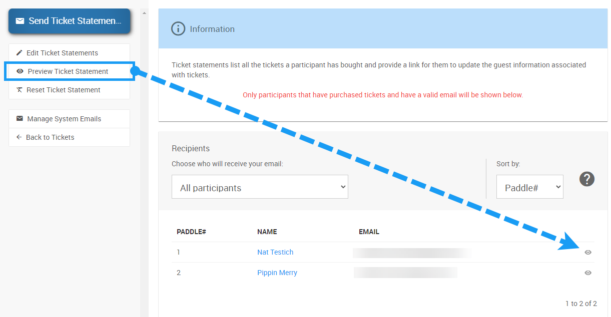 Preview Ticket Statement with an eye icon next to a recipient